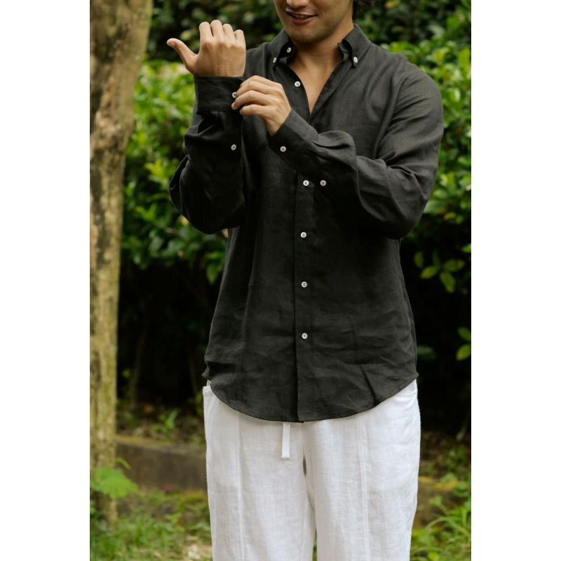 MEN'S CLASSIC LINEN SHIRT WENGEN IN BLACK - HANDMADE @ S1 Linane